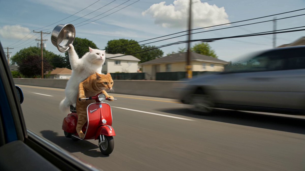 Cats Riding a Red Mini Motorcycle Chase