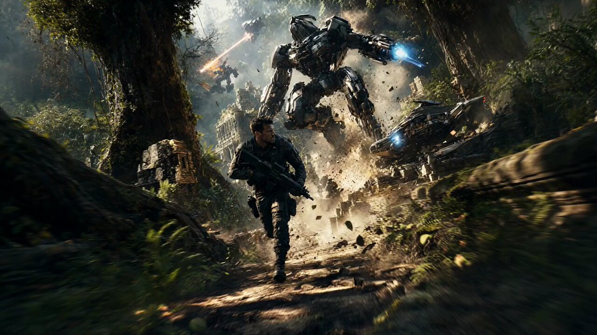 Sci-Fi Jungle Battlefield Cinematic Prompt