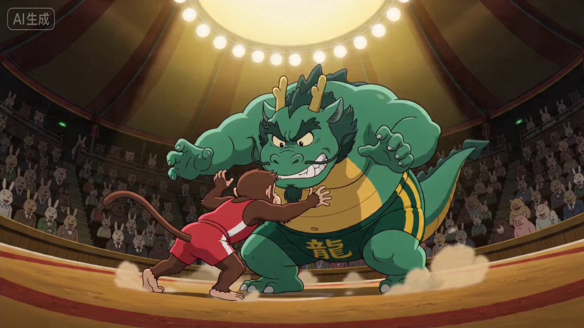 Ghibli Style: Dragon vs. Monkey Wrestling Match
