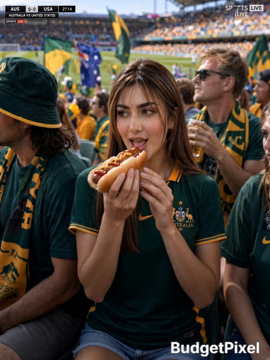 Australian Football Fan Eating a Hot Dog