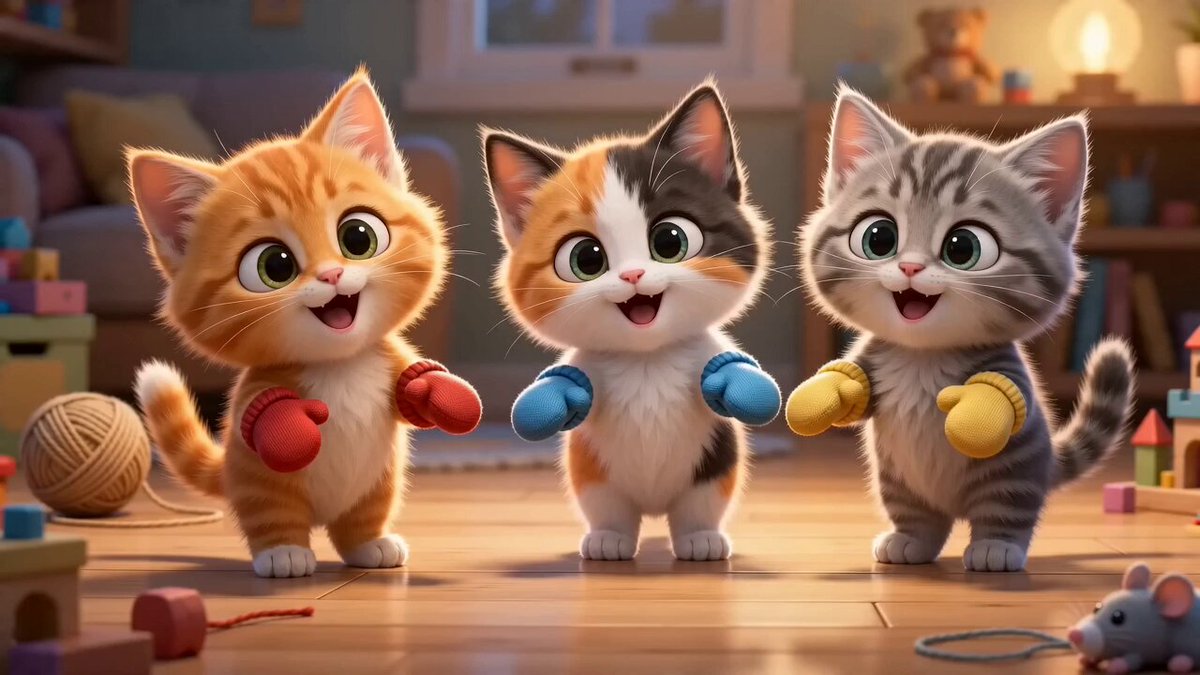 Cartoon Kitten Dancing in Mittens